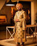 Royal Gold Sherwani Crafted for Timeless Groom Elegance