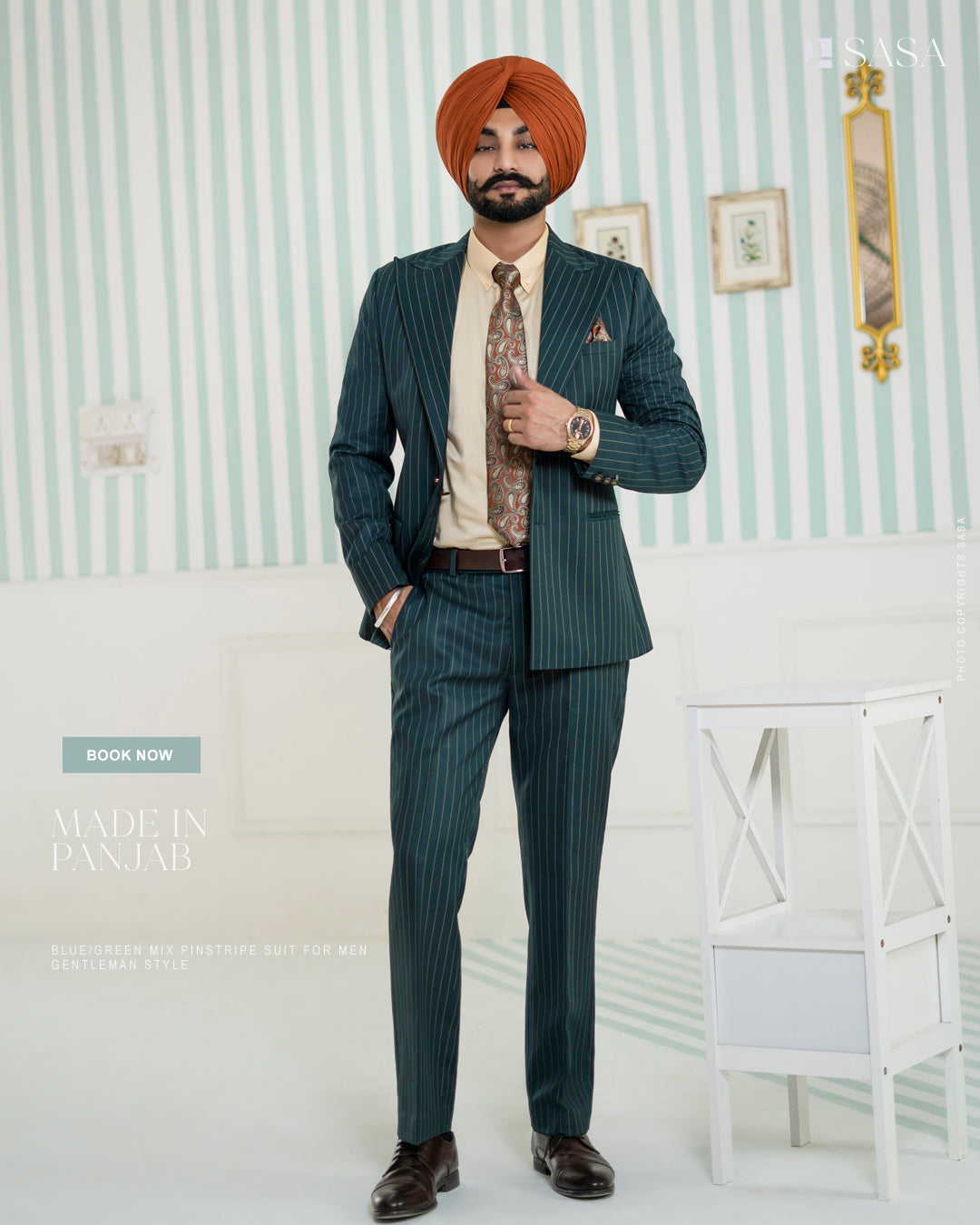 Classic Bottle Green Two-Piece Suit with Stripes