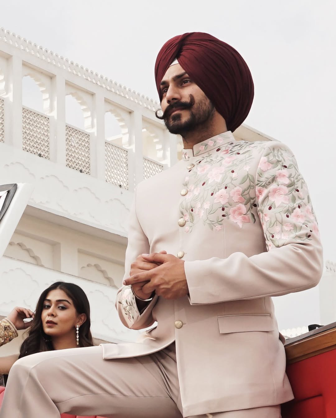 Champagne Beige Embroidered Bandgala