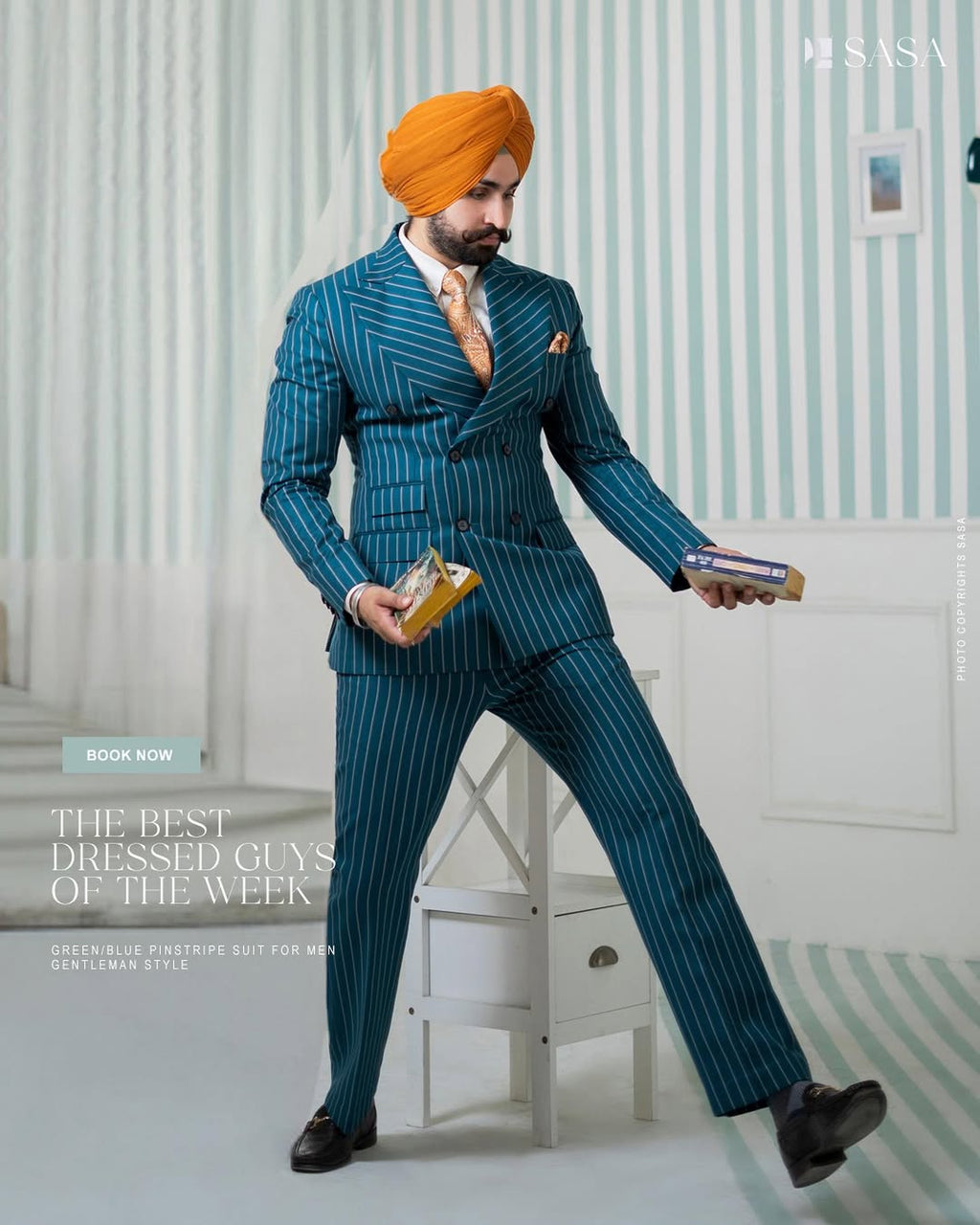 Teal Pinstripe Double-Breasted Suit
