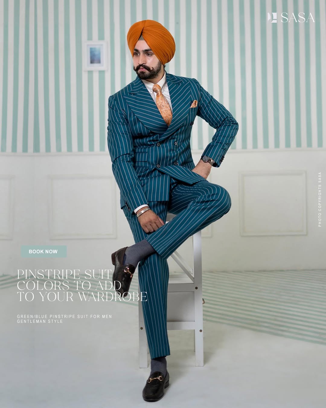 Teal Pinstripe Double-Breasted Suit