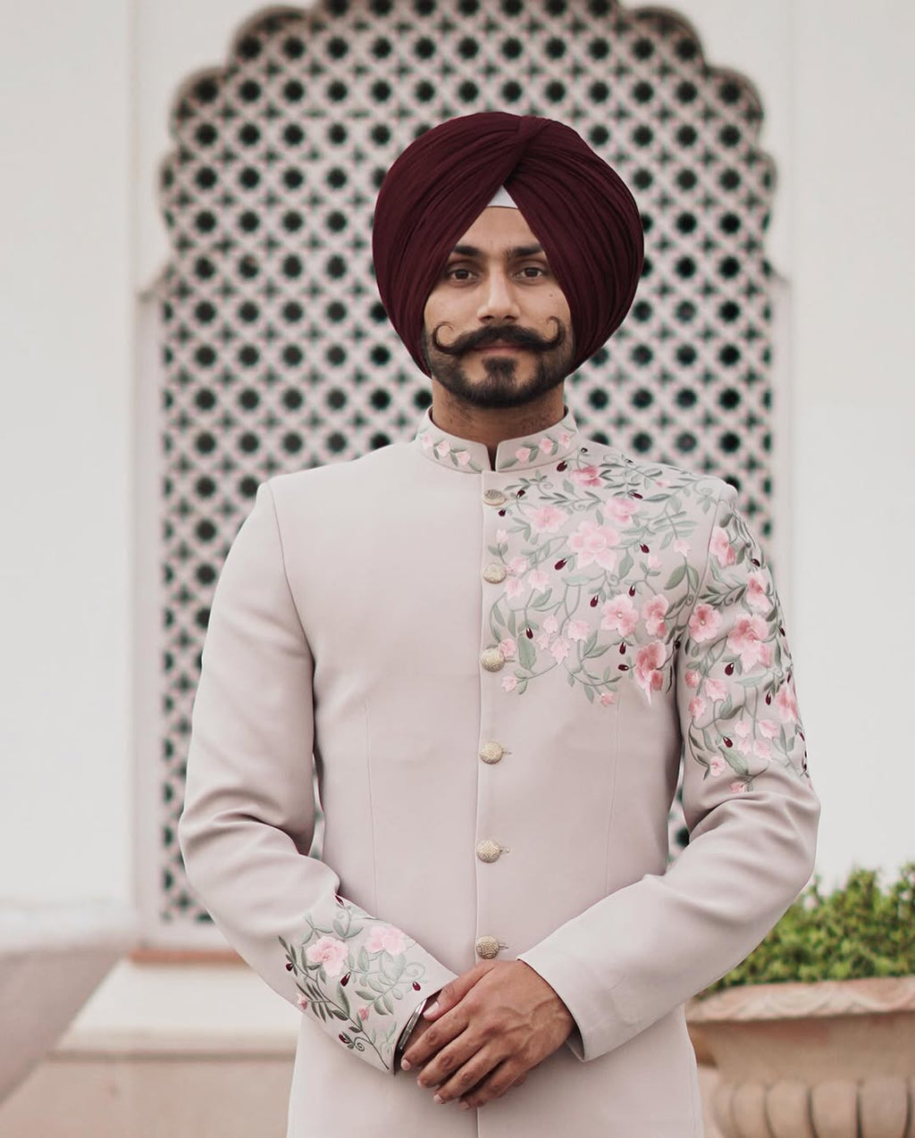 Champagne Beige Embroidered Bandgala