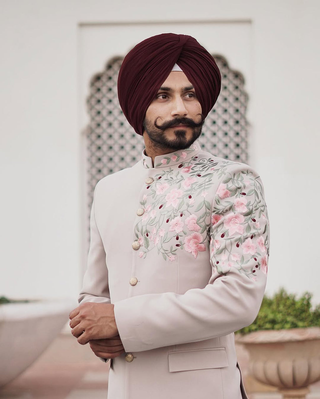Champagne Beige Embroidered Bandgala
