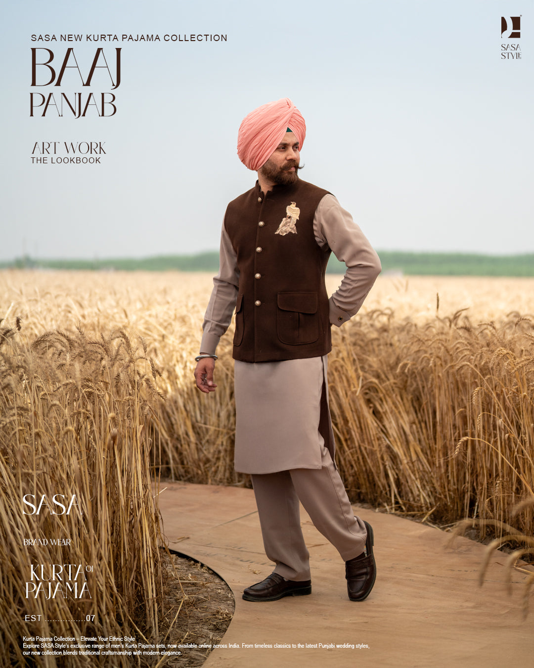 Coffee Brown Baaz Embroidered Jacket with Pale Pink Kurta Pajama