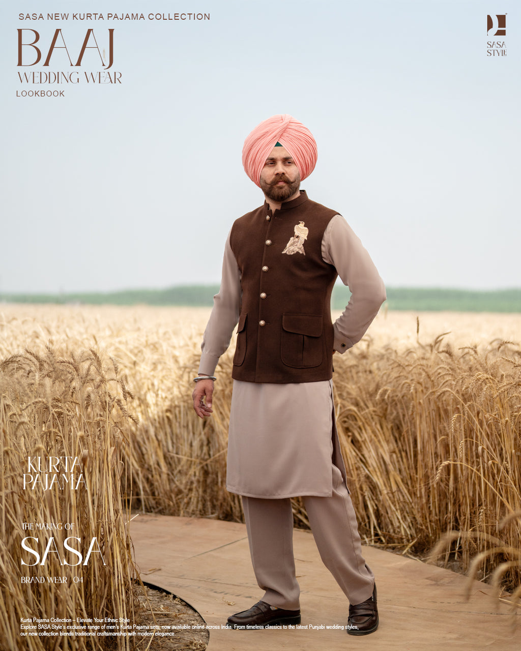 Coffee Brown Baaz Embroidered Jacket with Pale Pink Kurta Pajama