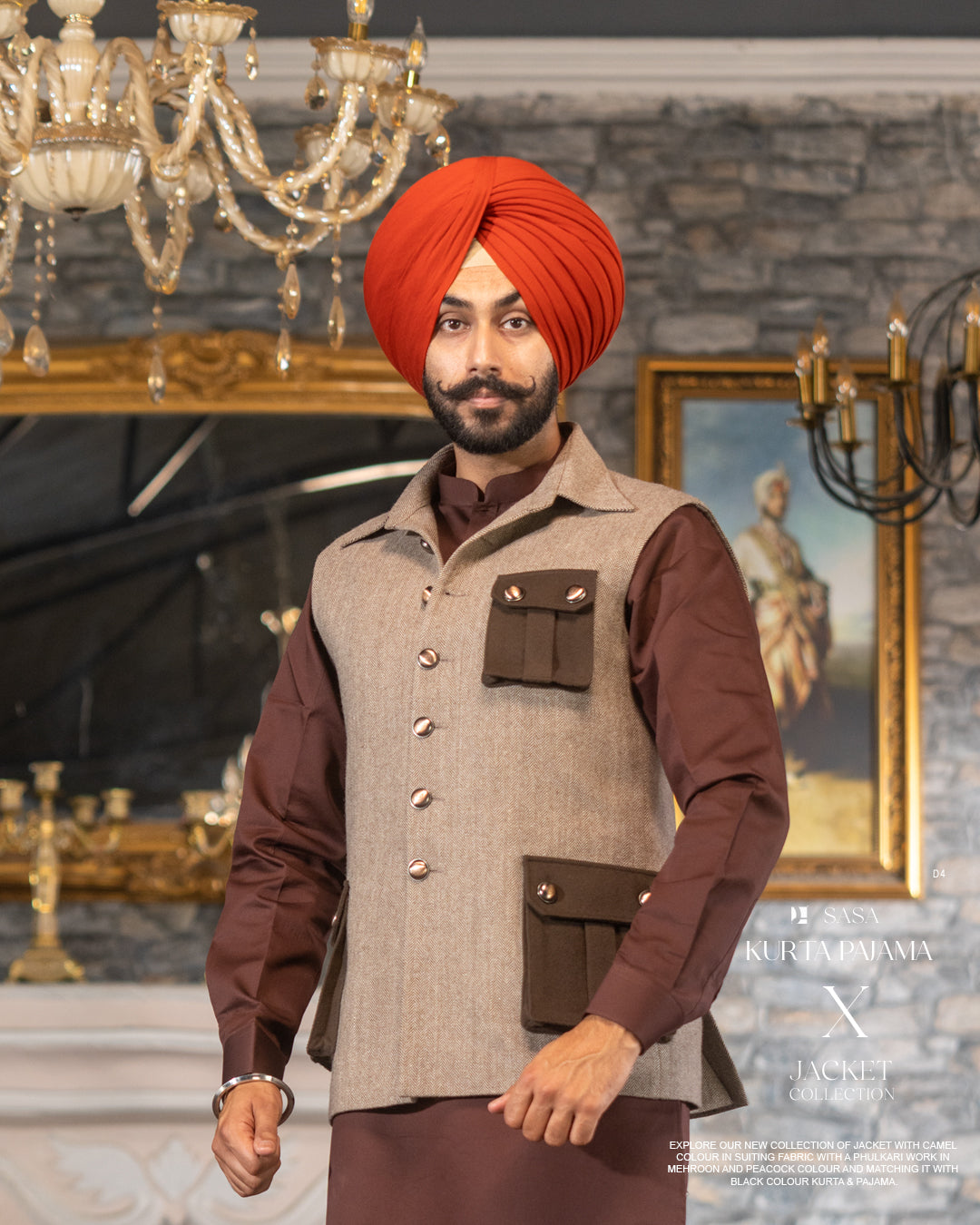 Coffee Foam Four-Pocket Jacket with Dark Brown Kurta Pajama