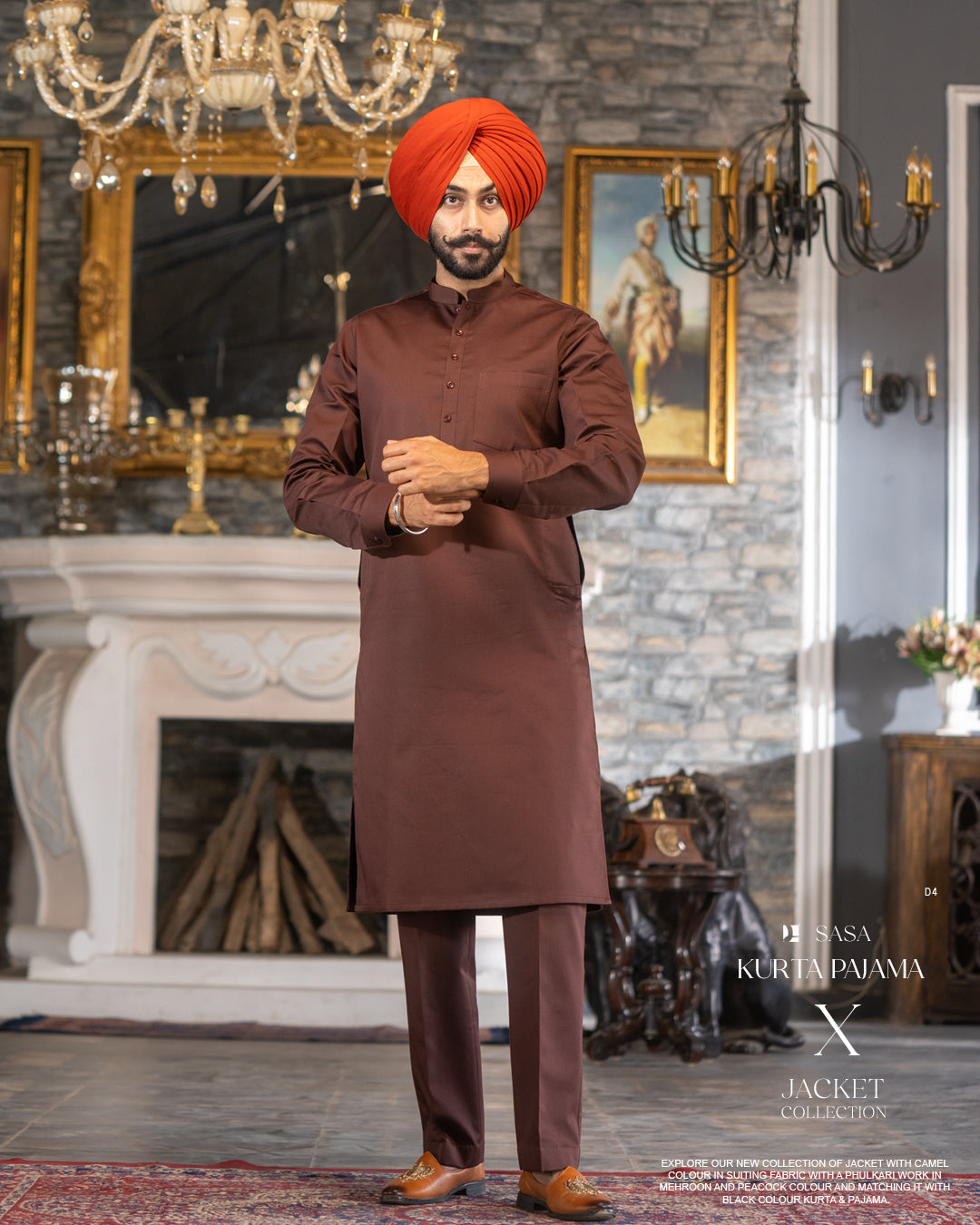 Coffee Foam Four-Pocket Jacket with Dark Brown Kurta Pajama