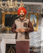 Coffee Foam Four-Pocket Jacket with Dark Brown Kurta Pajama