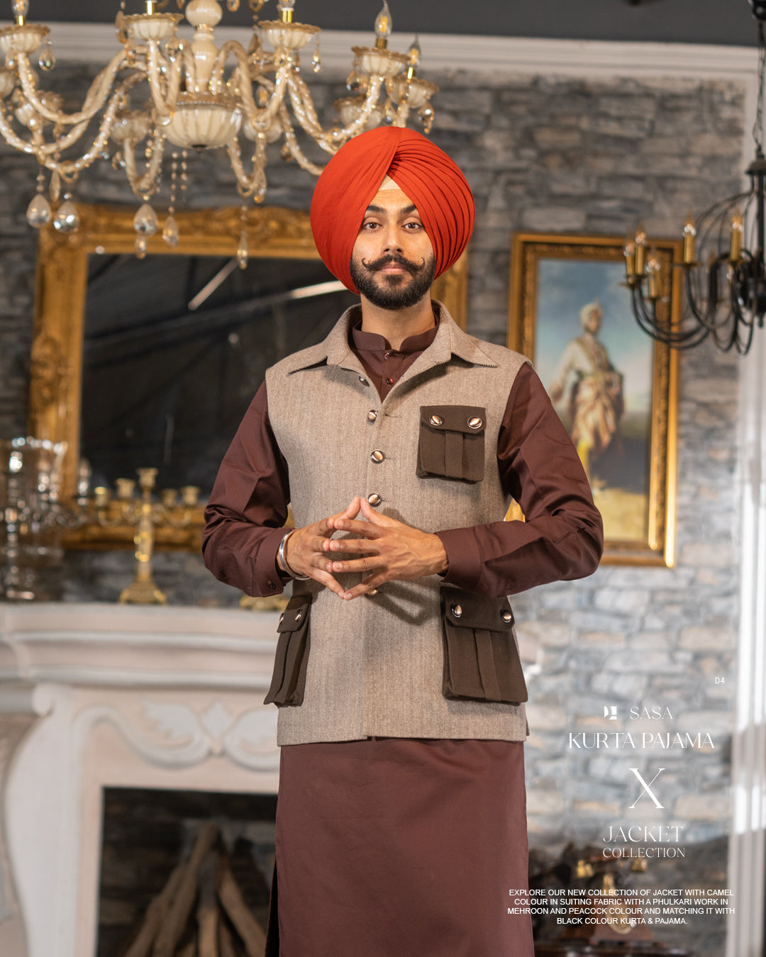 Coffee Foam Four-Pocket Jacket with Dark Brown Kurta Pajama
