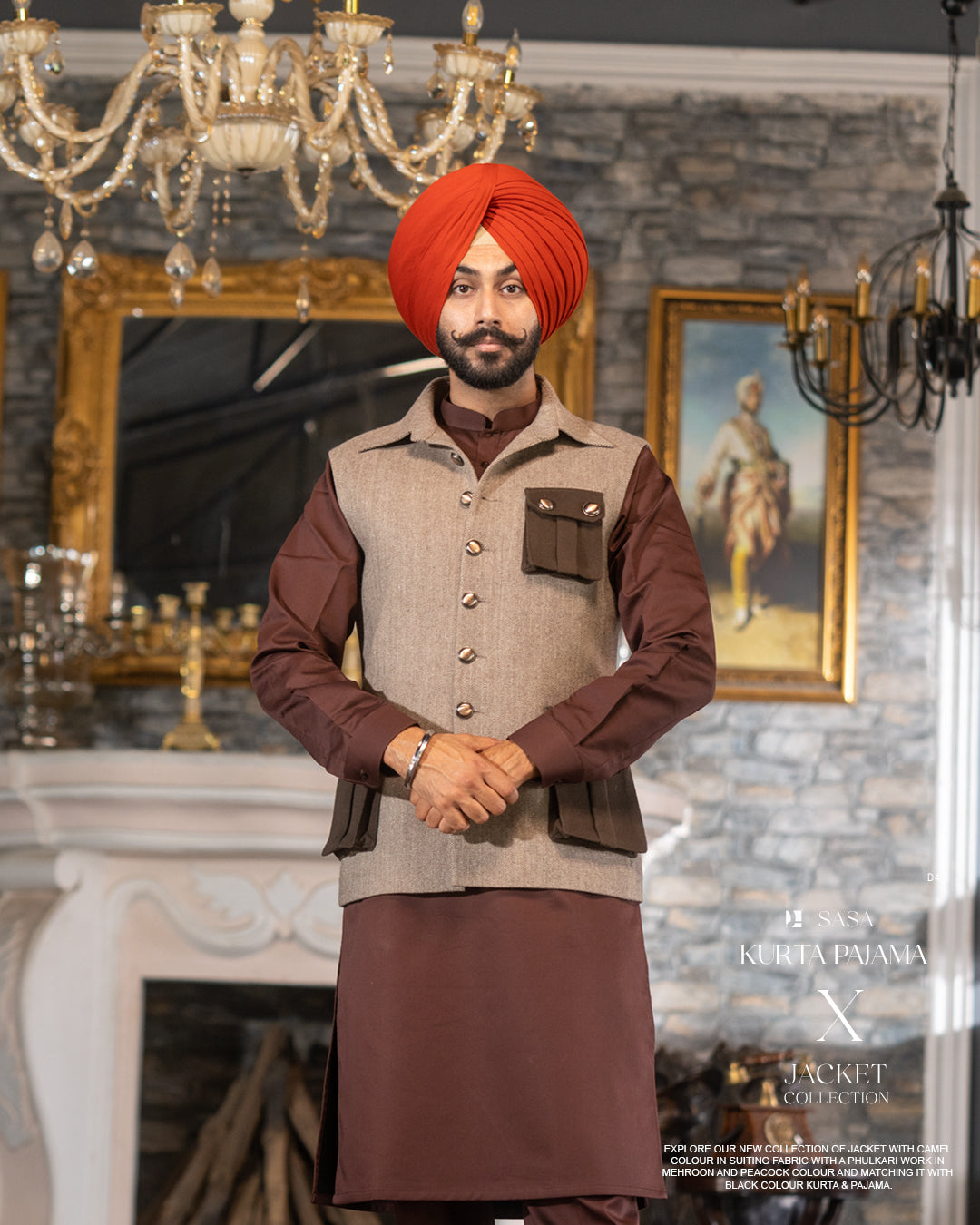 Coffee Foam Four-Pocket Jacket with Dark Brown Kurta Pajama