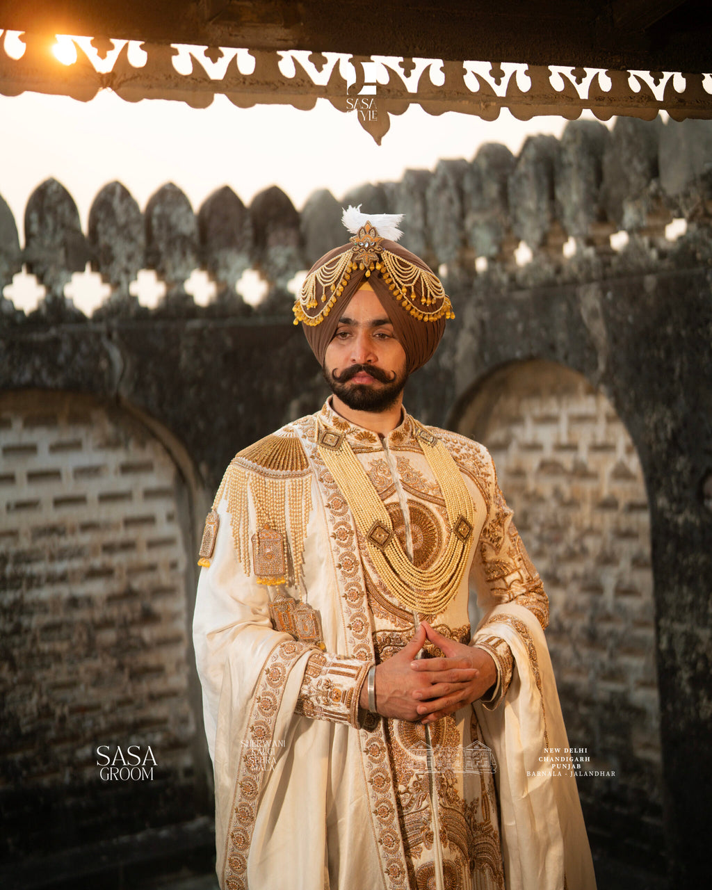Cream-Gold Maharaja Sherwani with Royal Horse Motif Embroidery Palla