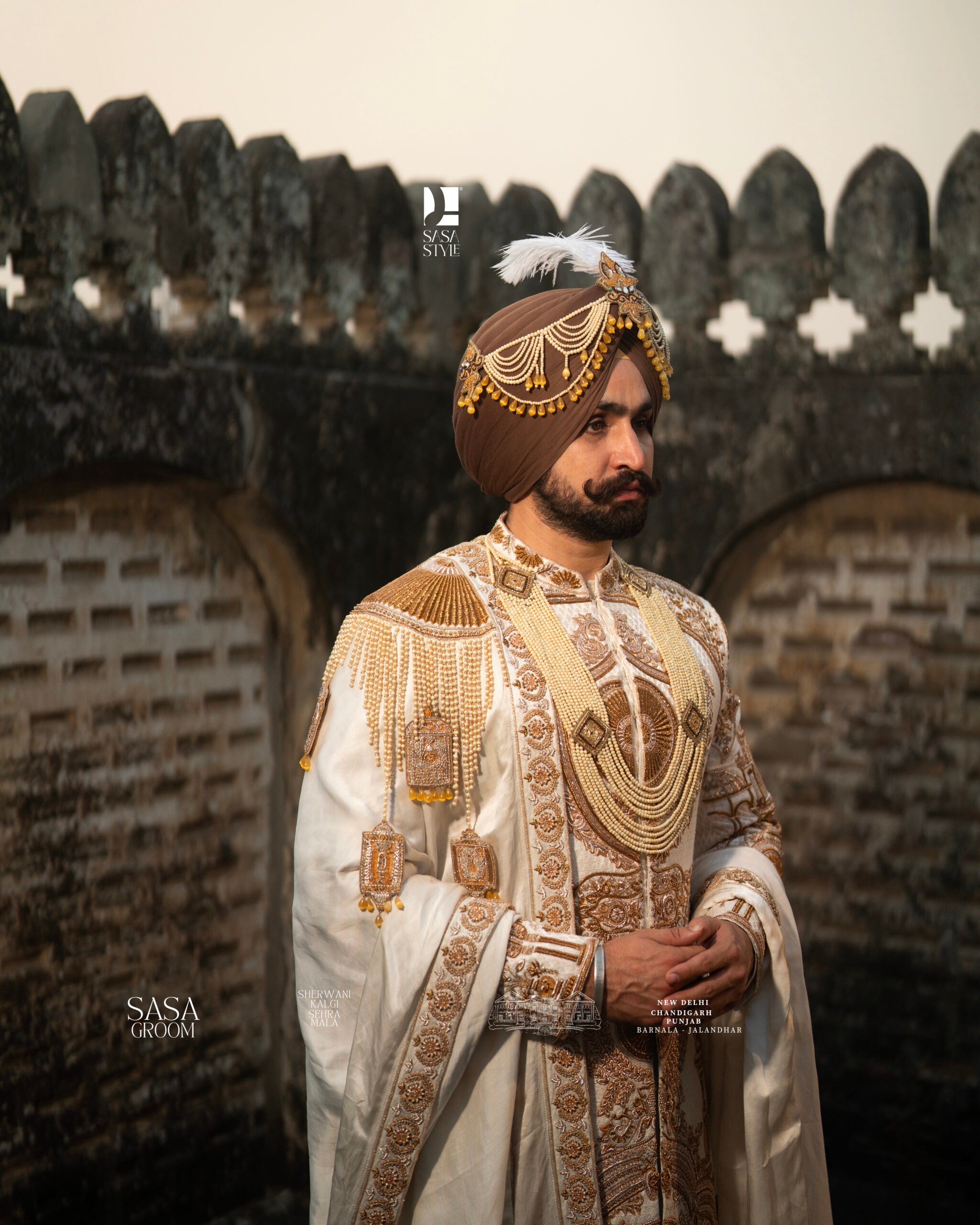 Cream-Gold Maharaja Sherwani with Royal Horse Motif Embroidery Palla