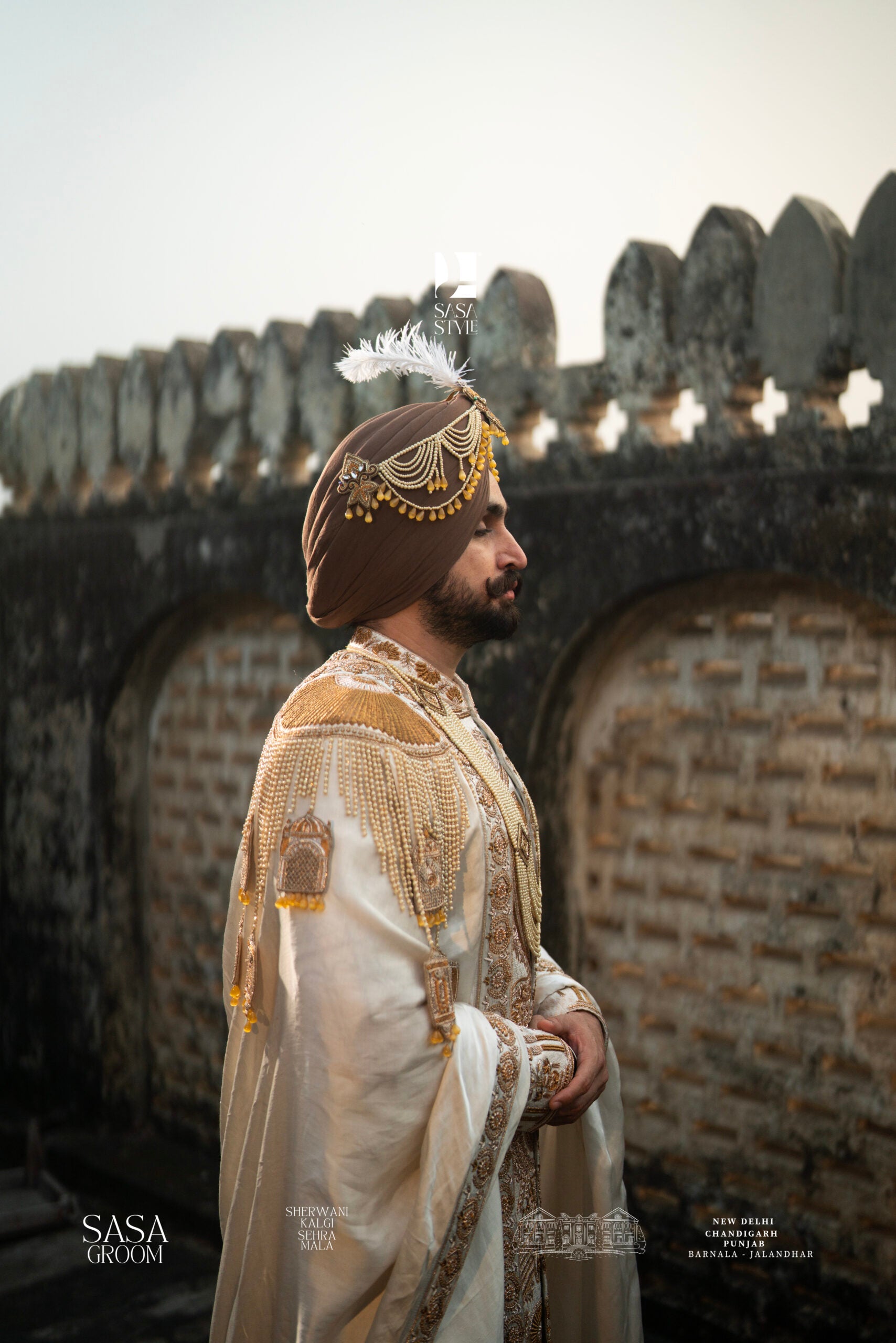 Cream-Gold Maharaja Sherwani with Royal Horse Motif Embroidery Palla