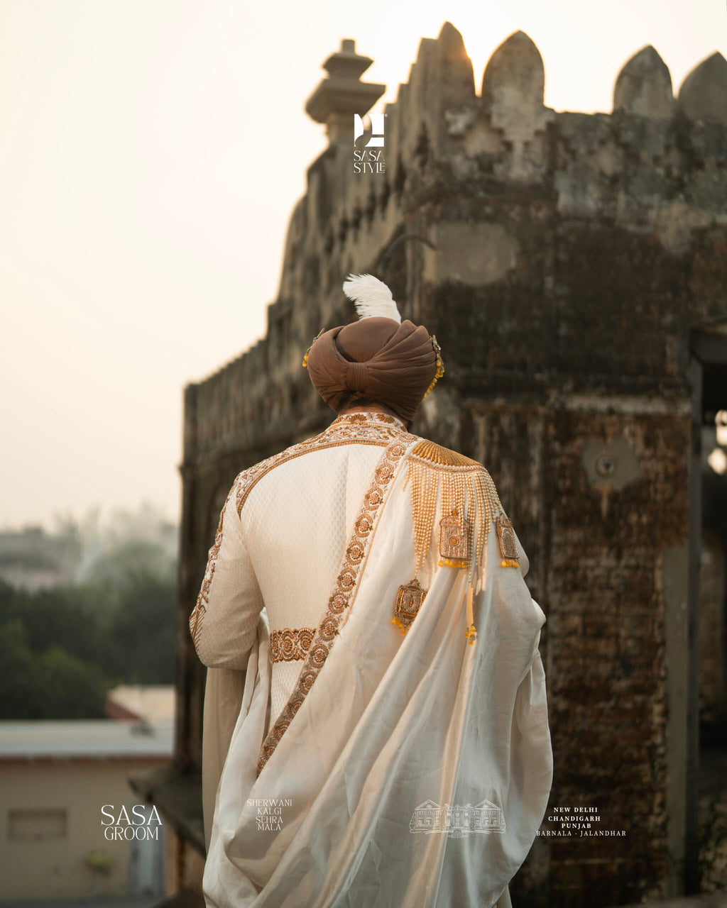 Cream-Gold Maharaja Sherwani with Royal Horse Motif Embroidery Palla