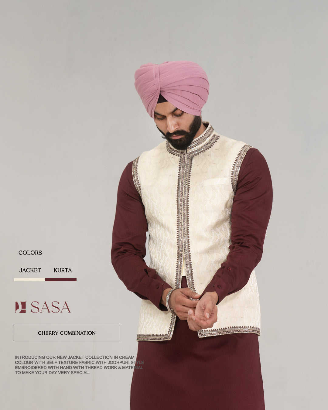 Cream Jodhpuri Embroidered Jacket with Cherry Kurta Pajama
