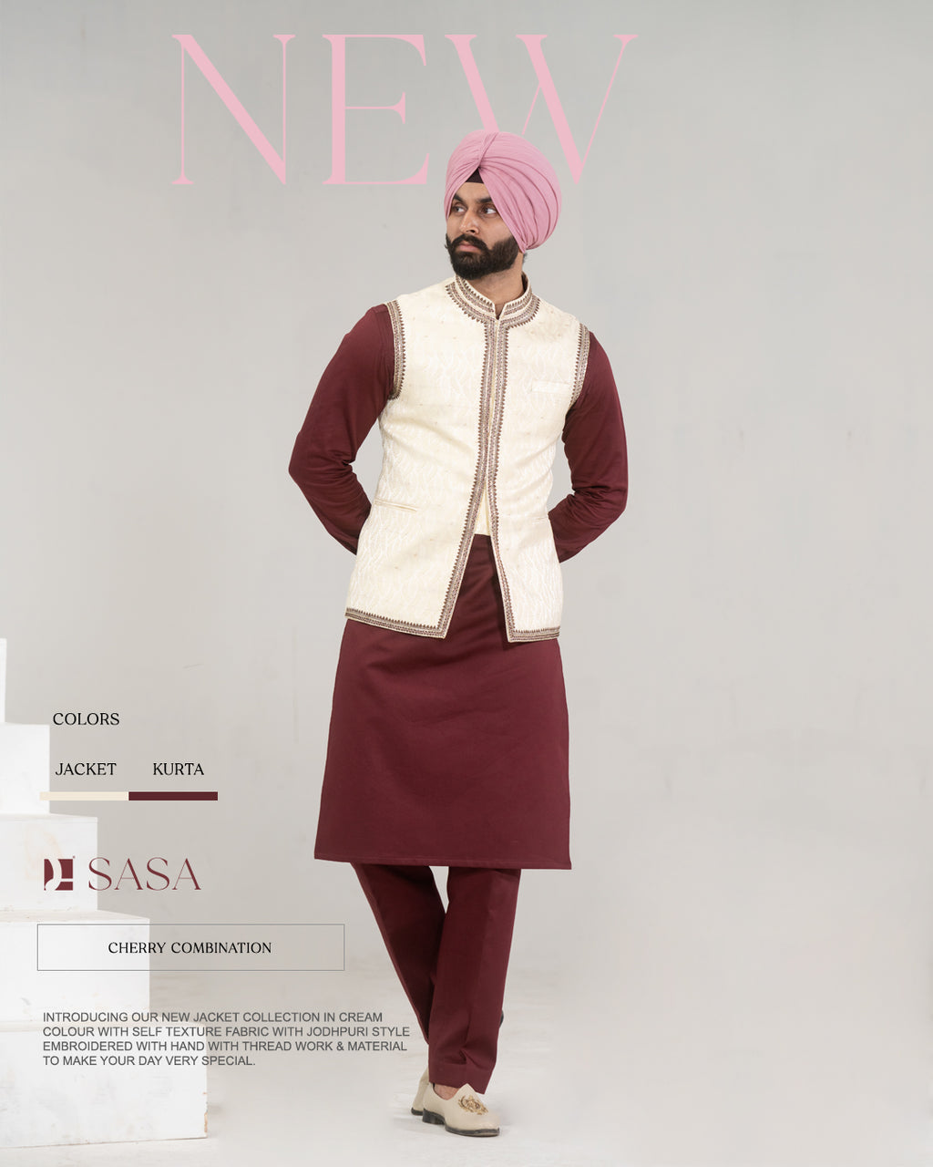Cream Jodhpuri Embroidered Jacket with Cherry Kurta Pajama