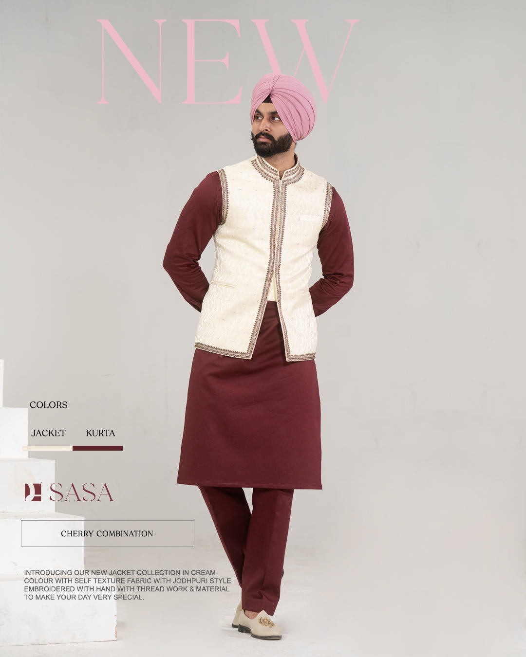 Cream Jodhpuri Embroidered Jacket with Cherry Kurta Pajama