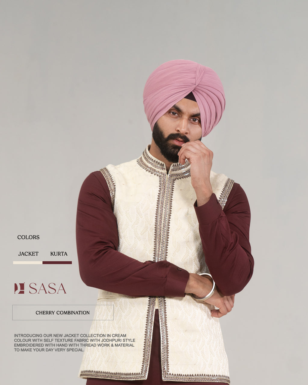 Cream Jodhpuri Embroidered Jacket with Cherry Kurta Pajama