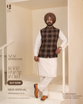 Dark Brown Beige Plaid Jacket with Off-White Kurta Pajama