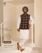 Dark Brown Beige Plaid Jacket with Off-White Kurta Pajama