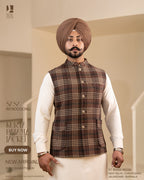 Dark Brown Beige Plaid Jacket with Off-White Kurta Pajama