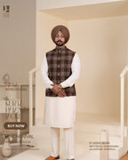 Dark Brown Beige Plaid Jacket with Off-White Kurta Pajama