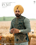 Dark Green Embroidered Jacket with Sage Green Kurta Pajama