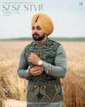 Dark Green Embroidered Jacket with Sage Green Kurta Pajama