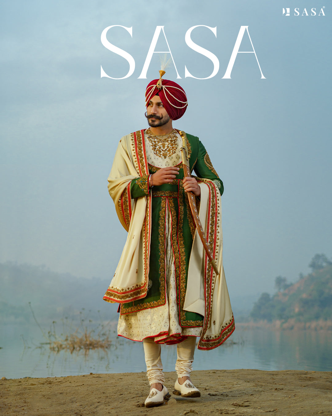 Exquisite Dark Green Sherwani Set with Handcrafted Golden & Red Details
