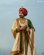 Exquisite Dark Green Sherwani Set with Handcrafted Golden & Red Details