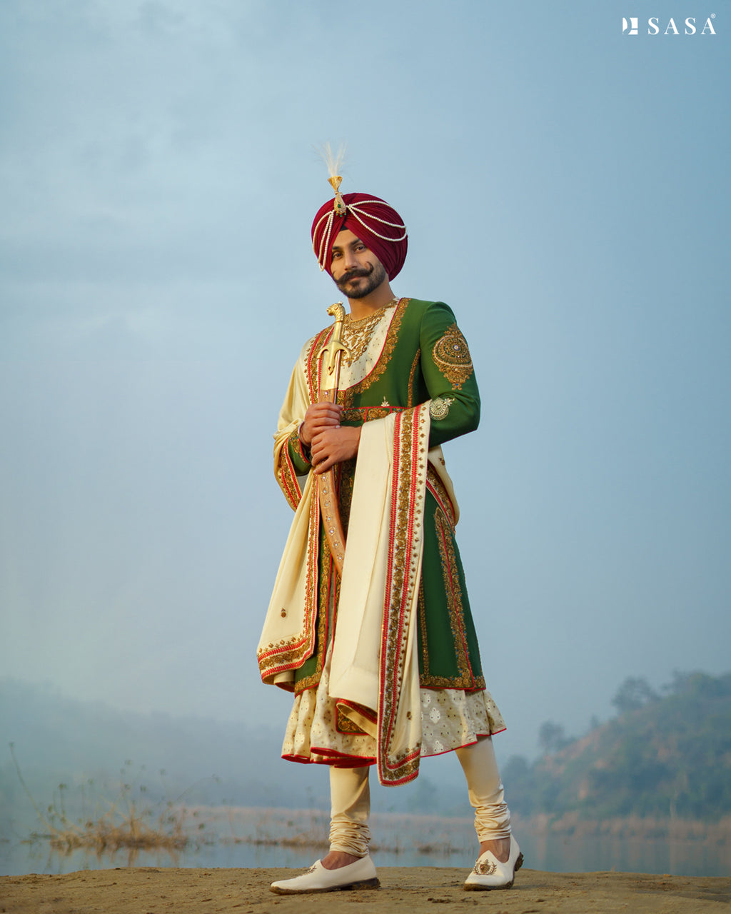 Exquisite Dark Green Sherwani Set with Handcrafted Golden & Red Details