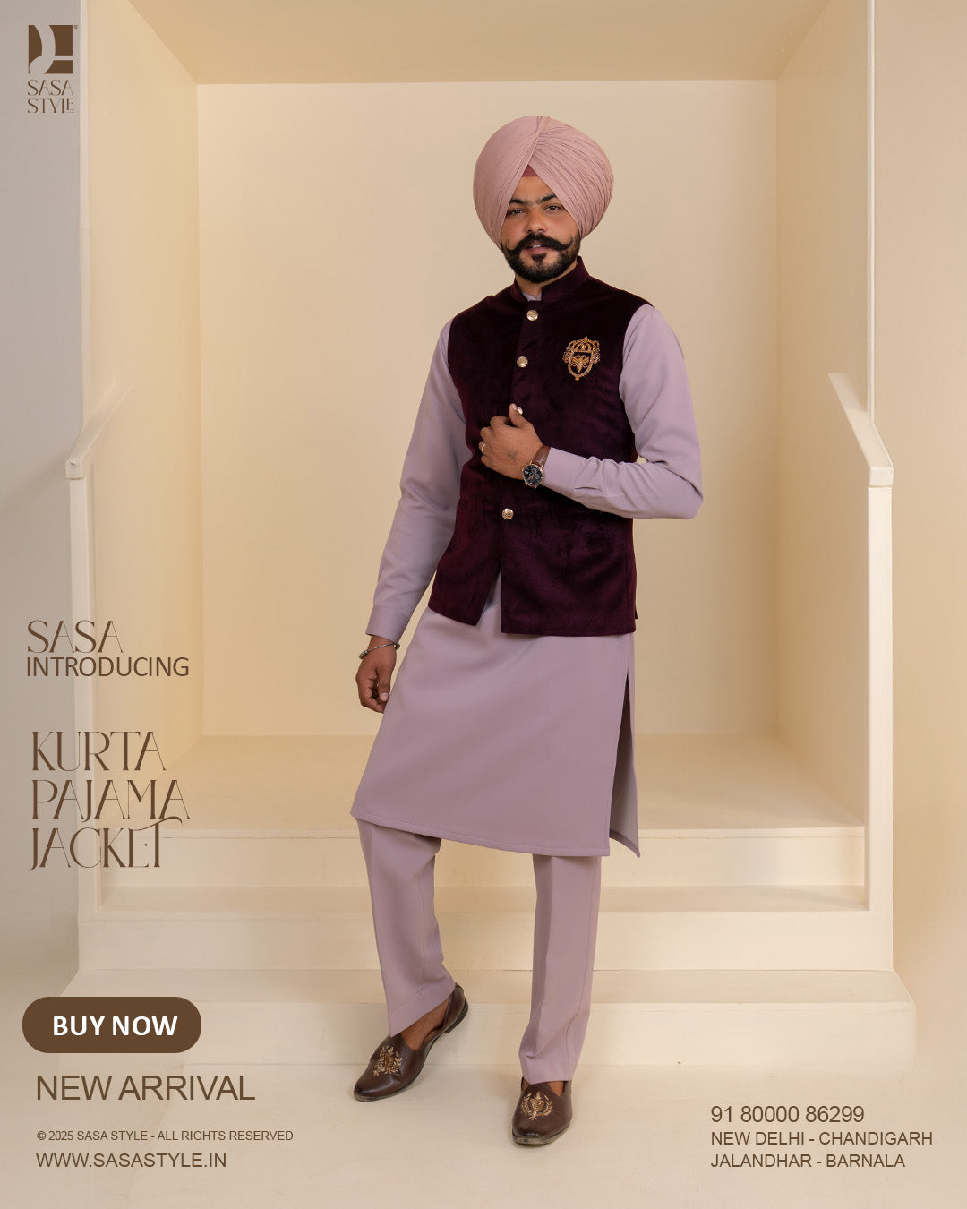 Dark Plum Embroidered Jacket with Pastel Lavender Kurta Pajama