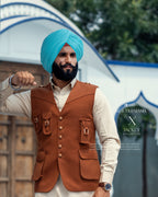 Dark Tan Multi-Pocket Jacket with Beige Kurta Pajama