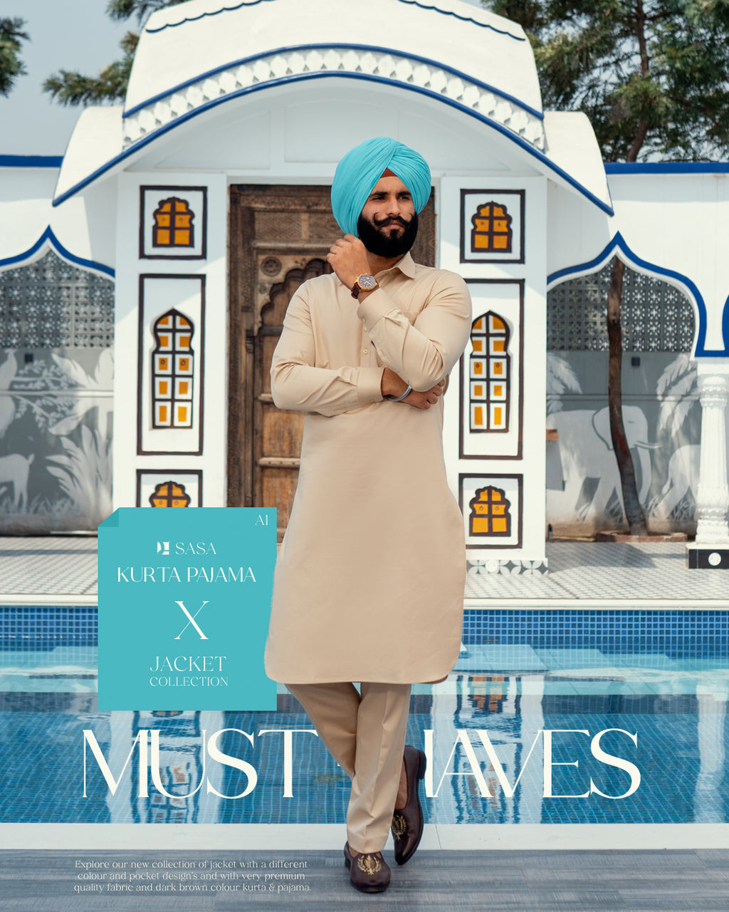 Dark Tan Multi-Pocket Jacket with Beige Kurta Pajama