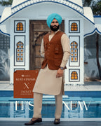 Dark Tan Multi-Pocket Jacket with Beige Kurta Pajama