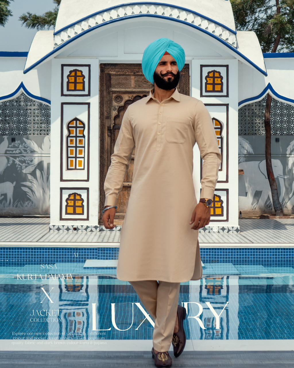 Dark Tan Multi-Pocket Jacket with Beige Kurta Pajama