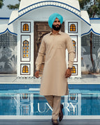 Dark Tan Multi-Pocket Jacket with Beige Kurta Pajama