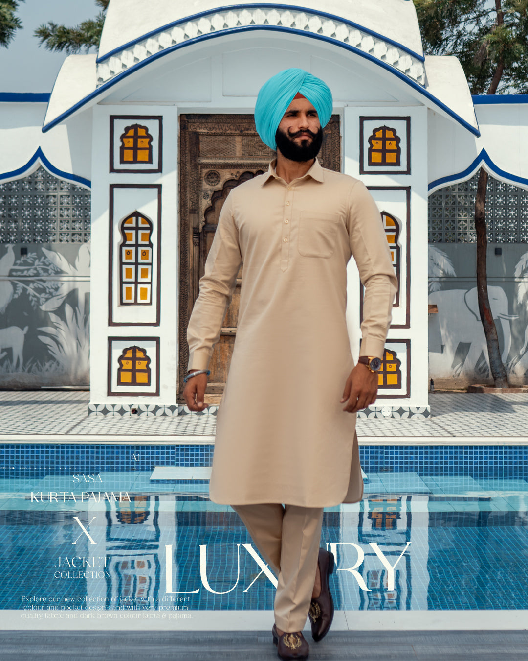 Dark Tan Multi-Pocket Jacket with Beige Kurta Pajama