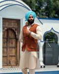 Dark Tan Multi-Pocket Jacket with Beige Kurta Pajama