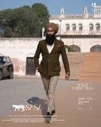 Deep Olive Blazer Paired with Light Beige Tailored Pants Ensemble