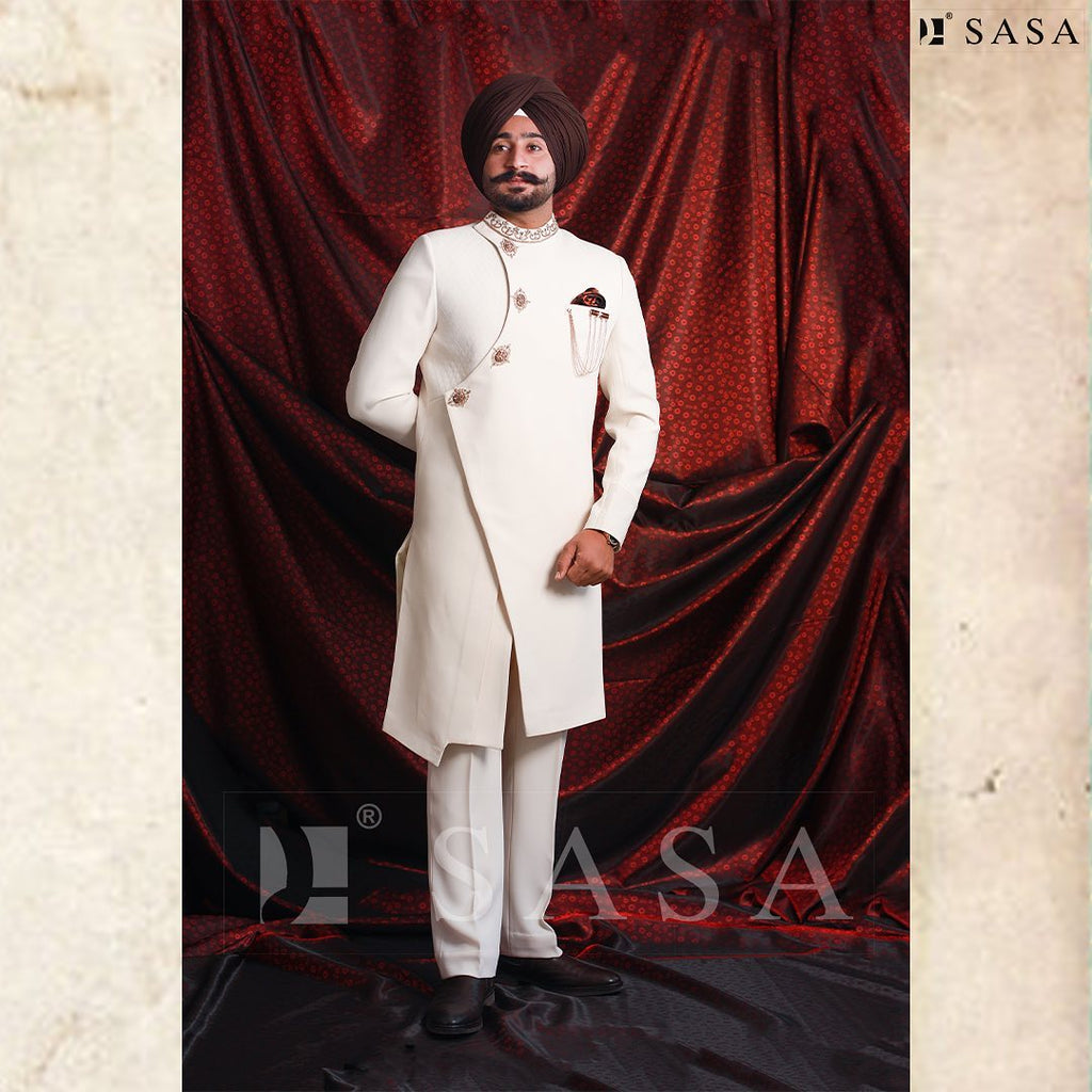 Elegant Ivory Designer Achkan with Royal Contemporary Wedding Appeal
