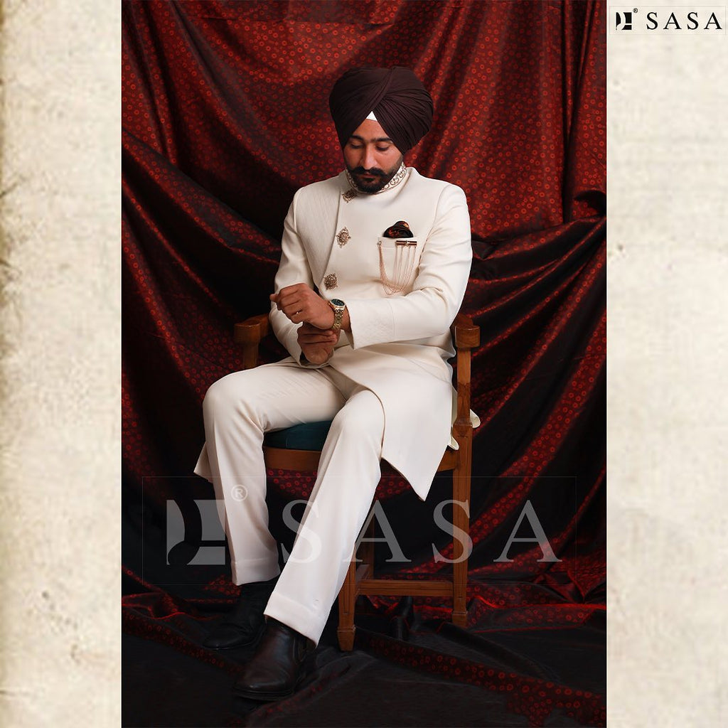 Elegant Ivory Designer Achkan with Royal Contemporary Wedding Appeal