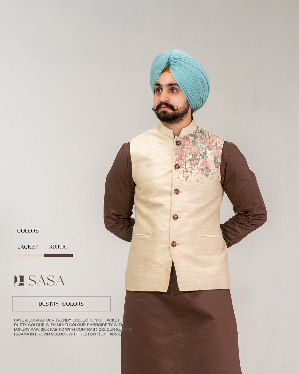 Dusty Raw Silk Embroidered Jacket with Brown Kurta Pajama