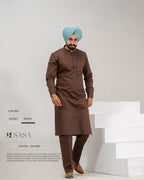 Dusty Raw Silk Embroidered Jacket with Brown Kurta Pajama