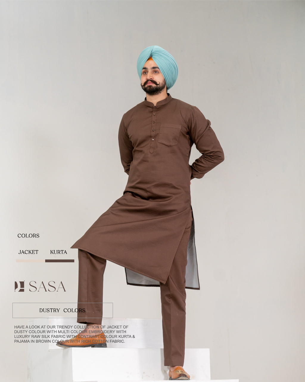 Dusty Raw Silk Embroidered Jacket with Brown Kurta Pajama