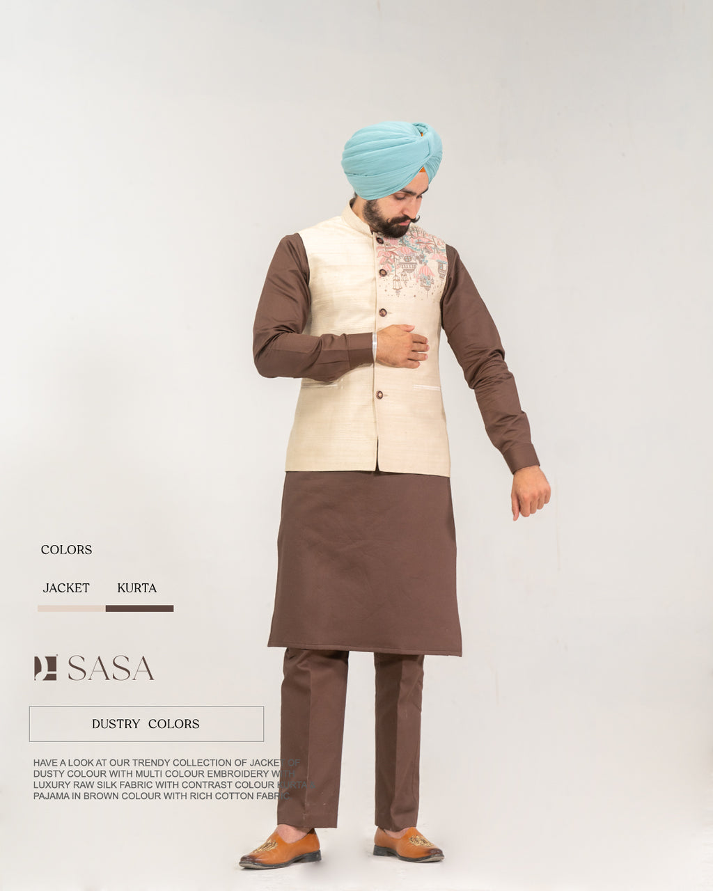 Dusty Raw Silk Embroidered Jacket with Brown Kurta Pajama