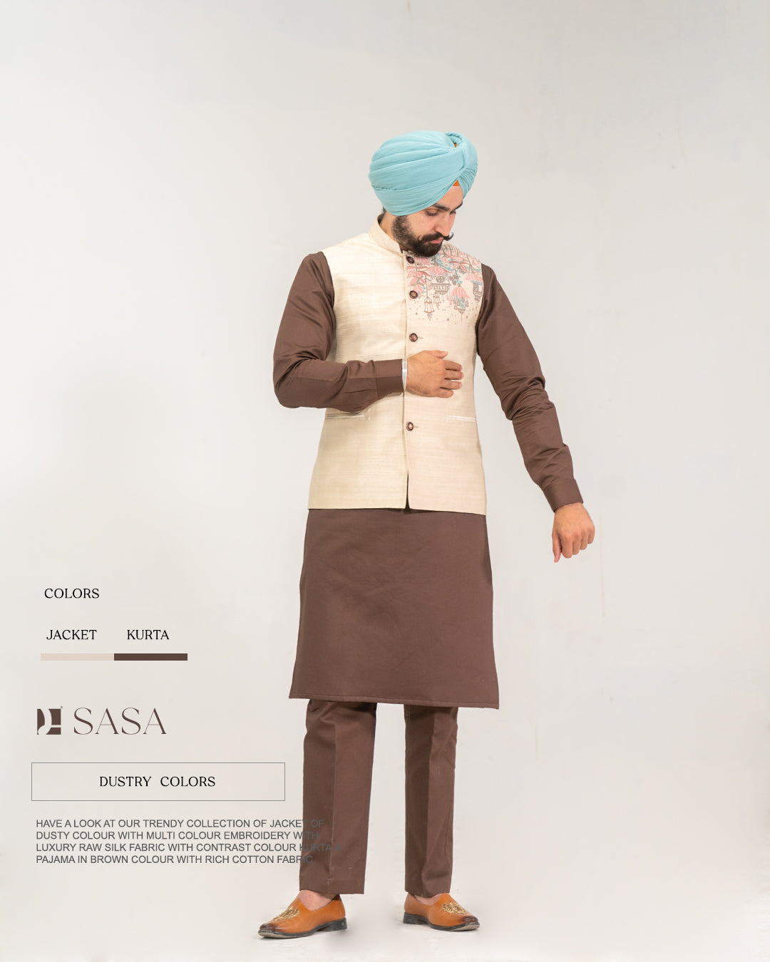 Dusty Raw Silk Embroidered Jacket with Brown Kurta Pajama