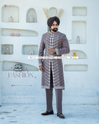 Earthy Elegance: Hand-Embroidered Achkan with Pants