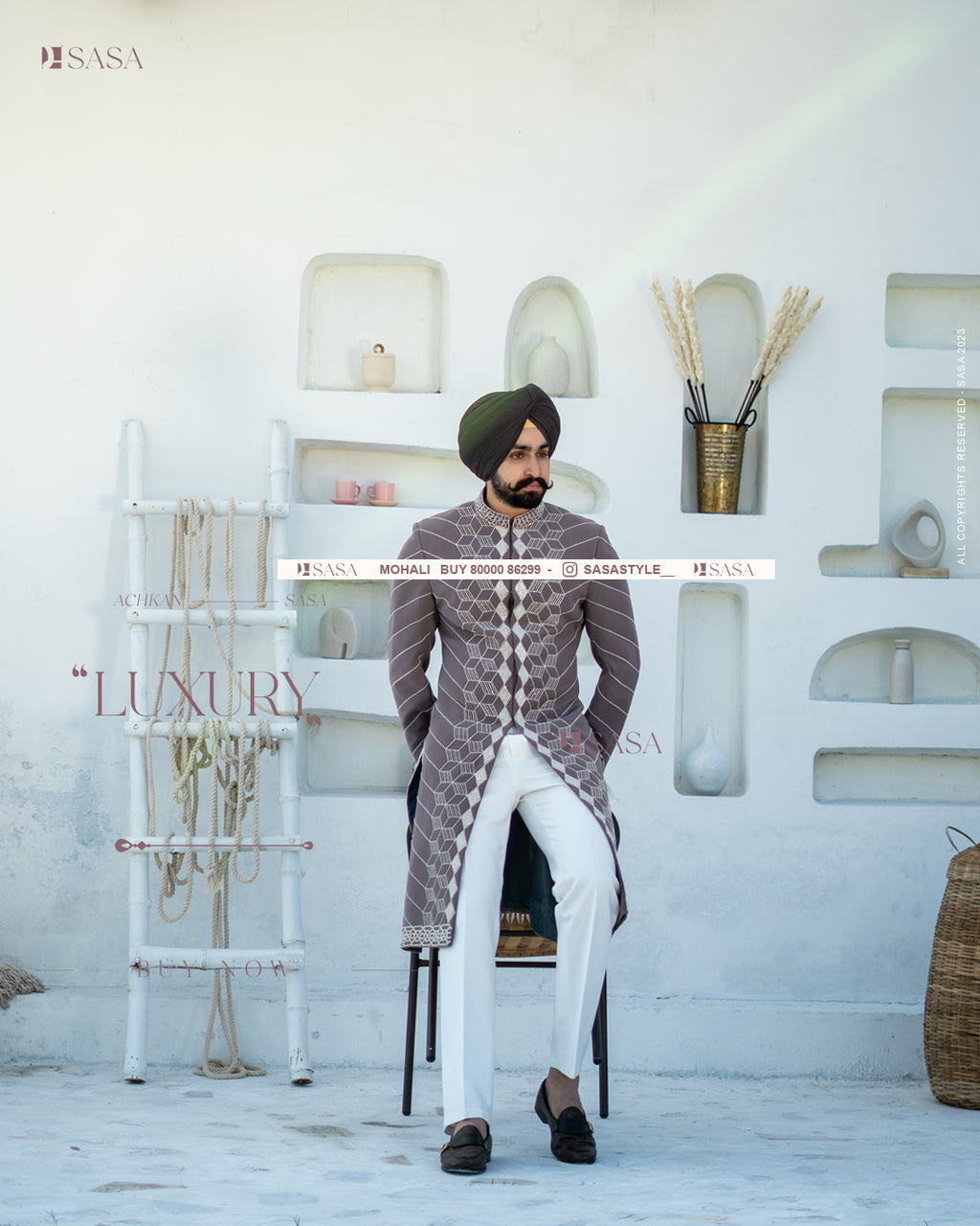 Earthy Elegance: Hand-Embroidered Achkan with Pants