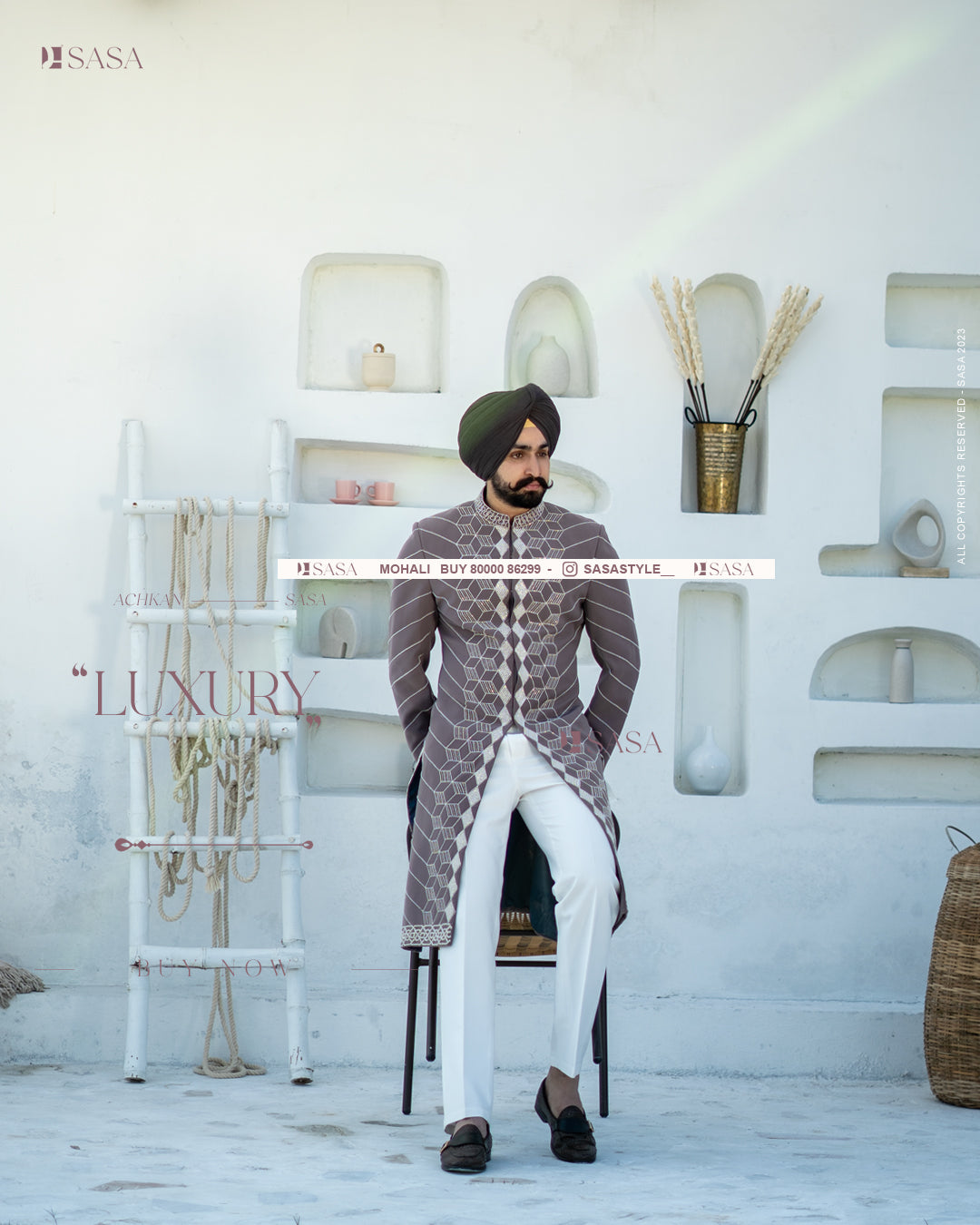 Earthy Elegance: Hand-Embroidered Achkan with Pants